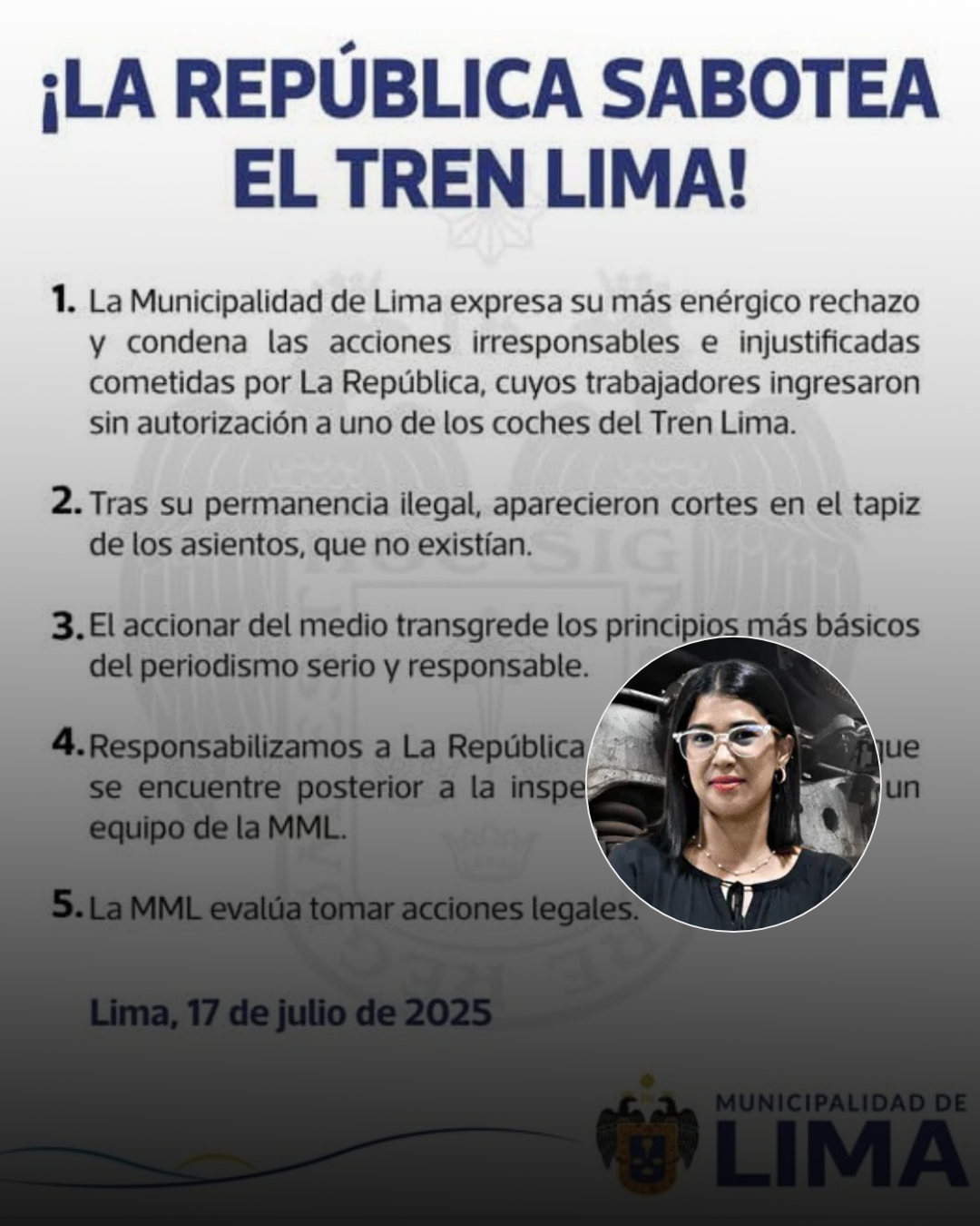 Perú: Municipalidad de Lima acusa al diario La República de sabotear el Tren Lima. La periodista autora de la nota recibió amenazas tras la publicación.  